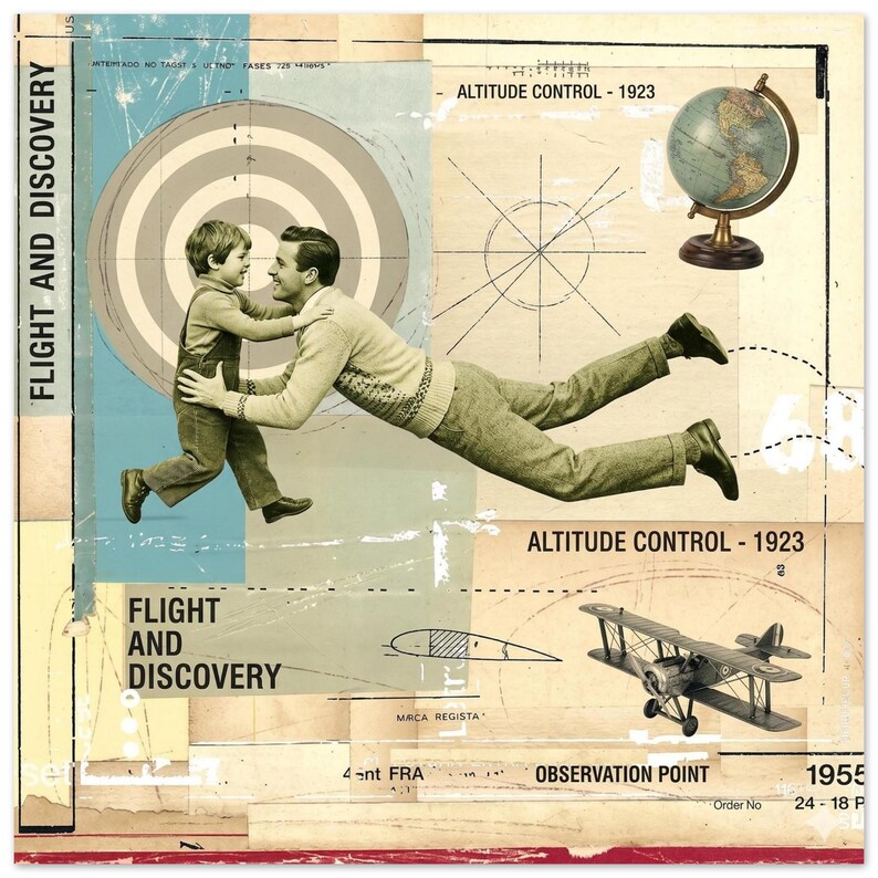 Vintage Aviation Collage Art Print, Father Son Flight Discovery Poster ...
