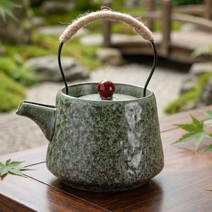 Op de afbeelding: Groene keramische theepot met een gespikkeld patroon, een tuit en een donkerrode knop op het deksel. De handgreep is gemaakt van touw en zwart metaal. De theepot staat op een houten tafel met een vage tuin op de achtergrond.