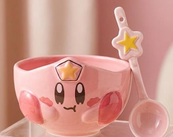 Cute Pink Rice Bowl Handmade Ceramic, Japanese Style Kawaii Bowl 11-11.9cm, Bowl or Bowl with Star Spoon Option, Anime Gift