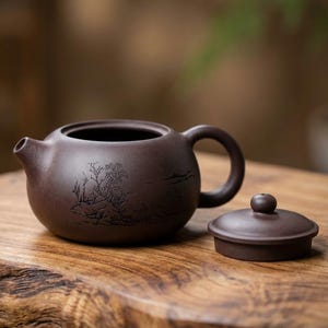 May include: A small, dark brown ceramic teapot with a matching lid. The teapot features a curved handle and spout, and a landscape design is etched on the side. The lid is placed next to the teapot on a wooden surface.