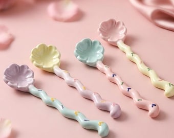 Cute Ceramic Clover Spoon, Kawaii Cartoon Spoon 16cm, Colorful Dessert Spoon, Handmade Coffee Spoon, Purple Yellow Blue Pink Options