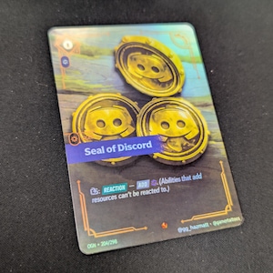 May include: A trading card featuring three gold-colored Discord logo medallions. The card has a blue and brown background with the text "Seal of Discord". The card also includes the text "REACTION - ADD" and "OGN - 204/298".