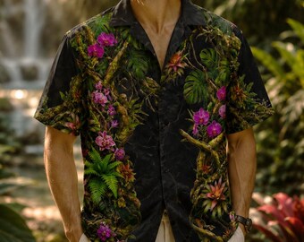 Camicia hawaiana unisex con teschio della giungla – Stampa tropicale di alta qualità con bottoni