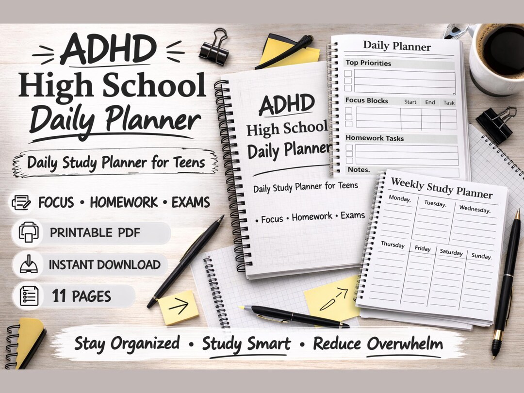 ADHD High School Daily Planner, Study Focus Homework Tracker (PDF ...