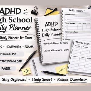 May include: ADHD High School Daily Planner with a spiral binding. The planner includes sections for daily and weekly study planning, with space for top priorities, focus blocks, homework tasks, and notes. The planner is designed for teens.