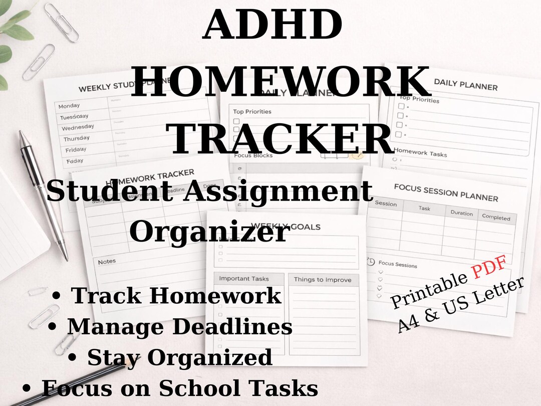 ADHD Homework Tracker Printable | Student Assignment Organizer (PDF ...