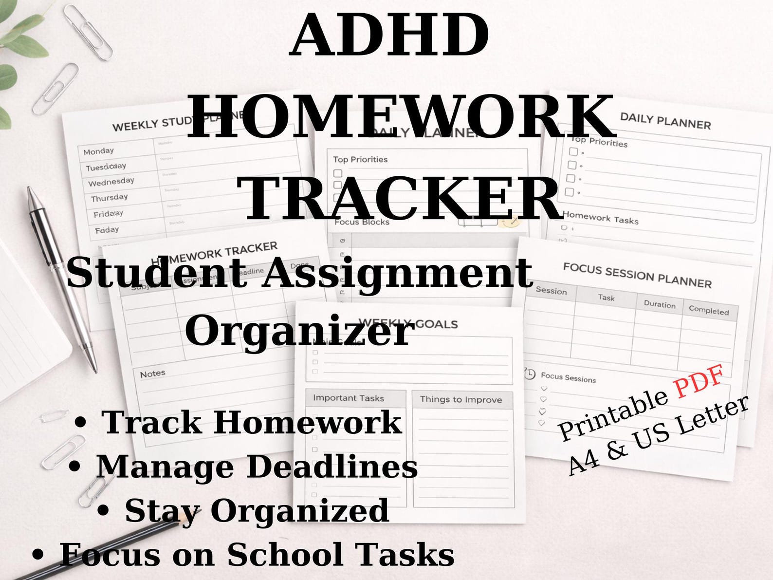 ADHD Homework Tracker Printable | Student Assignment Organizer (PDF ...