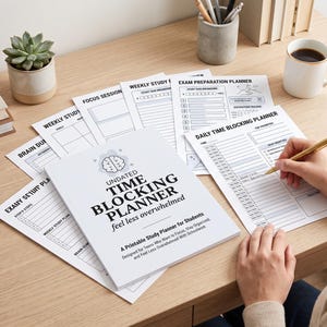 May include: A white undated time blocking planner for students with black text on the cover reading "Undated Time Blocking Planner feel less overwhelmed A Printable Study Planner for Students". Several loose planner pages are spread out underneath.
