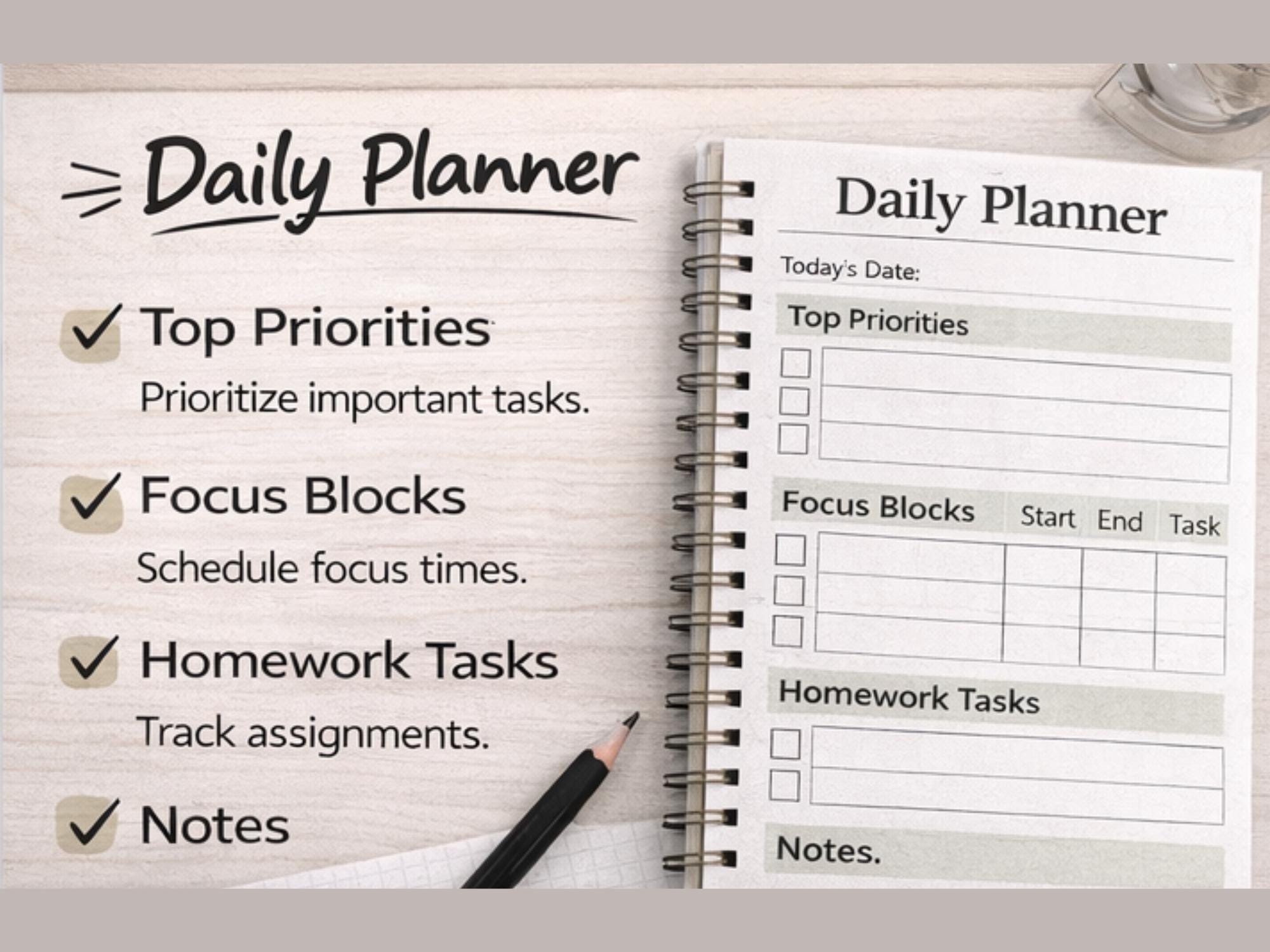 ADHD High School Daily Planner, Study Focus Homework Tracker (PDF ...