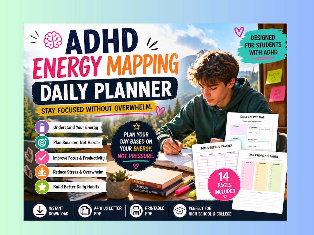 ADHD Energy Mapping Daily Planner, Student Focus Organizer PDF, Teen ...