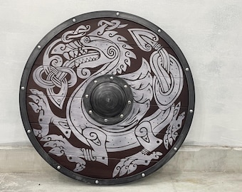 Handbemalter Wikinger Drachenschild: Cosplay Requisite aus Holz, 52 cm mit nordischem Motiv