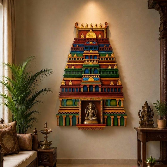Hand Carved Wooden Gopuram Temple Wall Decor, Traditional South Indian Mandir Setup, Colorful Home Mandir Altar, Pooja Room Decor