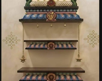 手彫りの木製寺院壁掛け棚｜伝統的な手描きのゴープラム寺院装飾｜ご自宅を輝かせる高級フローティング木製マンダパム