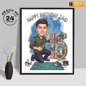 May include: A digital illustration of a young person kneeling next to a large number 15 constructed from gears and circuit boards. The text HAPPY BIRTHDAY ZAID is arched above. The person wears a green vest and holds pliers near a green cutting mat.