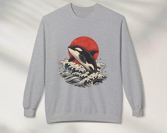 Bluza z falą japońską Orca, bluza z grafiką oceaniczną w stylu vintage, sweter z grafiką retro Killer Whale