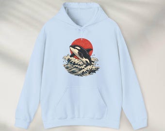 Bluza z kapturem Orca Whale Japanese Wave, sweter z kapturem w stylu vintage z grafiką oceaniczną, sweter z kapturem w stylu retro z motywem zabójcy wieloryba