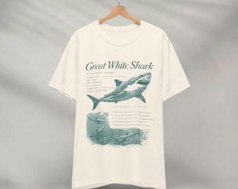 Koszulka z grafiką z lat 90. z rekinem białym, koszulka z informacjami o rekinach w stylu retro, zabawna koszulka z biologii oceanu, koszulka z grafiką z nauk morskich