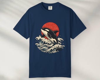 Koszulka z japońską falą i wielorybem orka, koszulka z grafiką oceanu w stylu vintage, koszulka z grafiką retro orki
