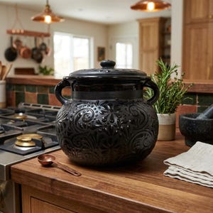 Handmade Mexican Style Engobe Olla Black Ceramic Pot Rustic Pottery Decor