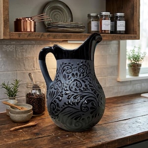 May include: A large, gray and black ceramic pitcher with an ornate floral design. The pitcher has a curved handle and a spout. It is sitting on a wooden countertop in a kitchen setting. Other kitchen items are visible in the background.