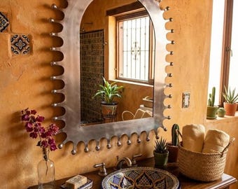 Handmade Punched Tin Mirror Mexican Style Folk Art Wall Decor Rustic Metal Frame