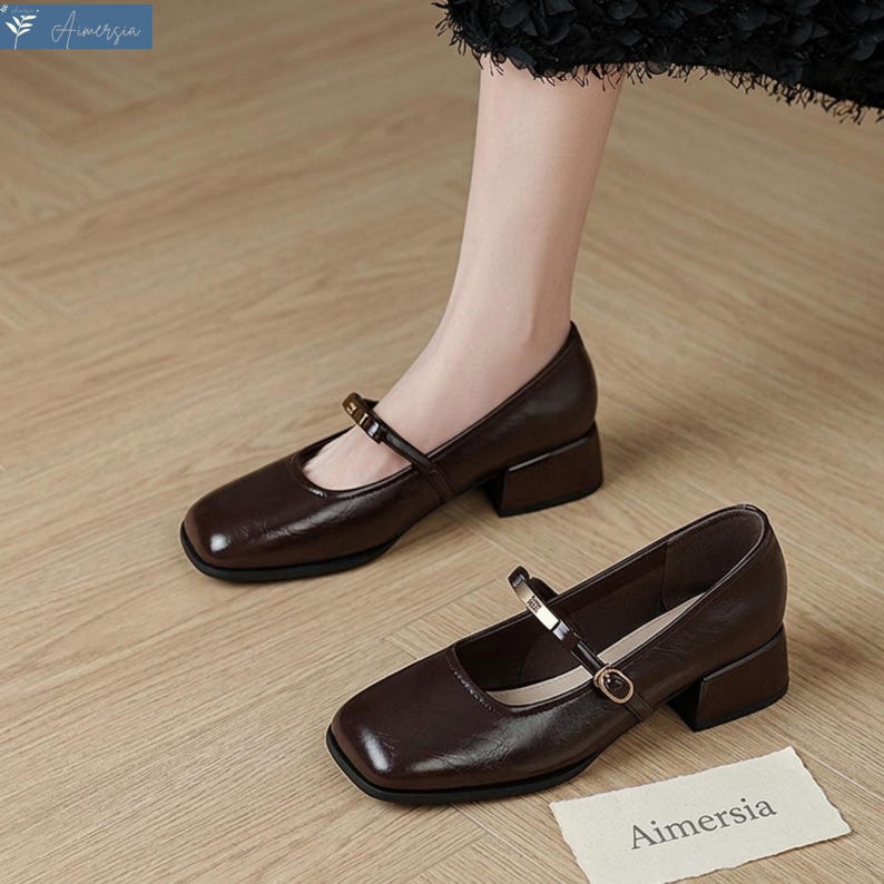 May include: Brown leather Mary Jane style shoes with a square toe and a small block heel. The shoes have a strap across the top with a gold-colored buckle. The brand name "Aimersia" is visible on a small tag.