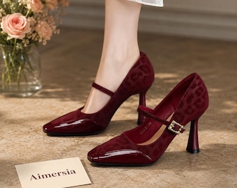 Burgundy Patent Leather Mary Jane Heels, Vintage Inspired Square Toe Stiletto Pumps