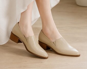 Mocassins beiges à bout pointu en similicuir pour femmes, chaussures habillées à enfiler avec talon bloc
