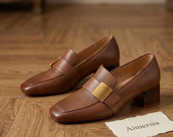Retro Square Toe Loafers, Brown Chunky Heel Office Shoes, Vintage Inspired Slip-On Pumps