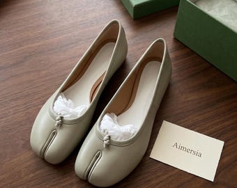 Women's Tabi Split Toe Leather Flats, Minimalist Sheepskin Insole Ballet Shoes