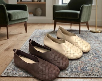 Bailarinas de piel tejida, zapatos sin cordones con punta redonda de piel de vaca hechos a mano
