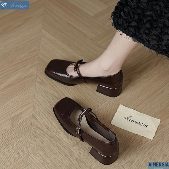 Genuine Leather French Style Mary Jane Heels, Square Toe Block Pumps Vintage Shoes