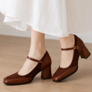 Brown Patchwork Mary Jane Heels, Vintage Square Toe Block Strap Shoes