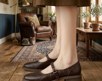 Handgemaakte leren Mary Jane-schoenen, vintage platte schoenen met gesp, ronde neus, comfortabel voor dagelijks gebruik