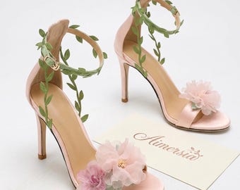 Pink Floral Wedding Heels, Vine Ankle Strap Sandals, Chiffon Flower High Bridal Heels