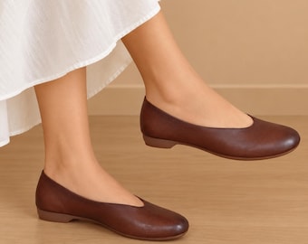 Women's Leather Flats, Round Toe Slip On Shoes, Soft Leather Low Cut Shoes, Minimalist Casual Footwear, Coffee Black Khaki