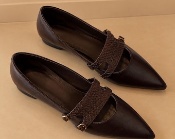 Zapatos Mary Jane para mujer, zapatos sin cordones de punta con forro de piel de oveja, calzado retro francés para ir al trabajo.