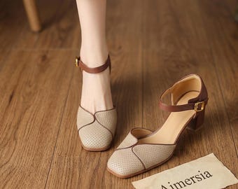 Sandały retro z kwadratowymi noskami, Mary Jane na klockowym obcasie, letnie buty na obcasie z paskiem sprzączki