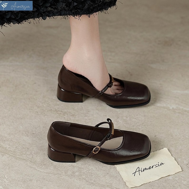 May include: Brown leather Mary Jane style shoes with a square toe and a small block heel. The shoes have a strap that fastens with a small buckle. The brand name "Aimersia" is visible on a small card.