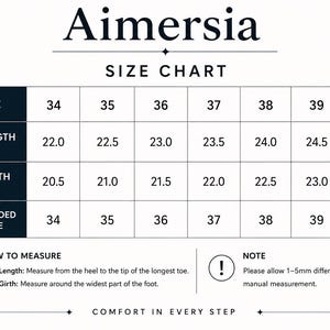 May include: Aimersia size chart with EU sizes 34-40, foot length in cm from 22.0 to 25.0, and foot girth in cm from 20.5 to 23.5. Includes recommended shoe sizes and instructions for measuring foot length and girth.