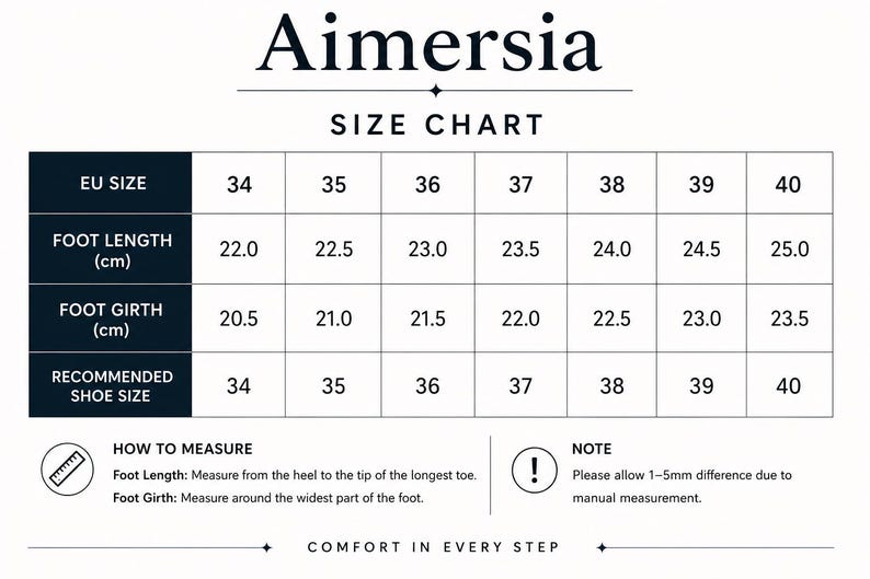 May include: Aimersia size chart with EU sizes 34-40, foot length in cm from 22.0 to 25.0, and foot girth in cm from 20.5 to 23.5. Includes recommended shoe sizes and instructions for measuring foot length and girth.