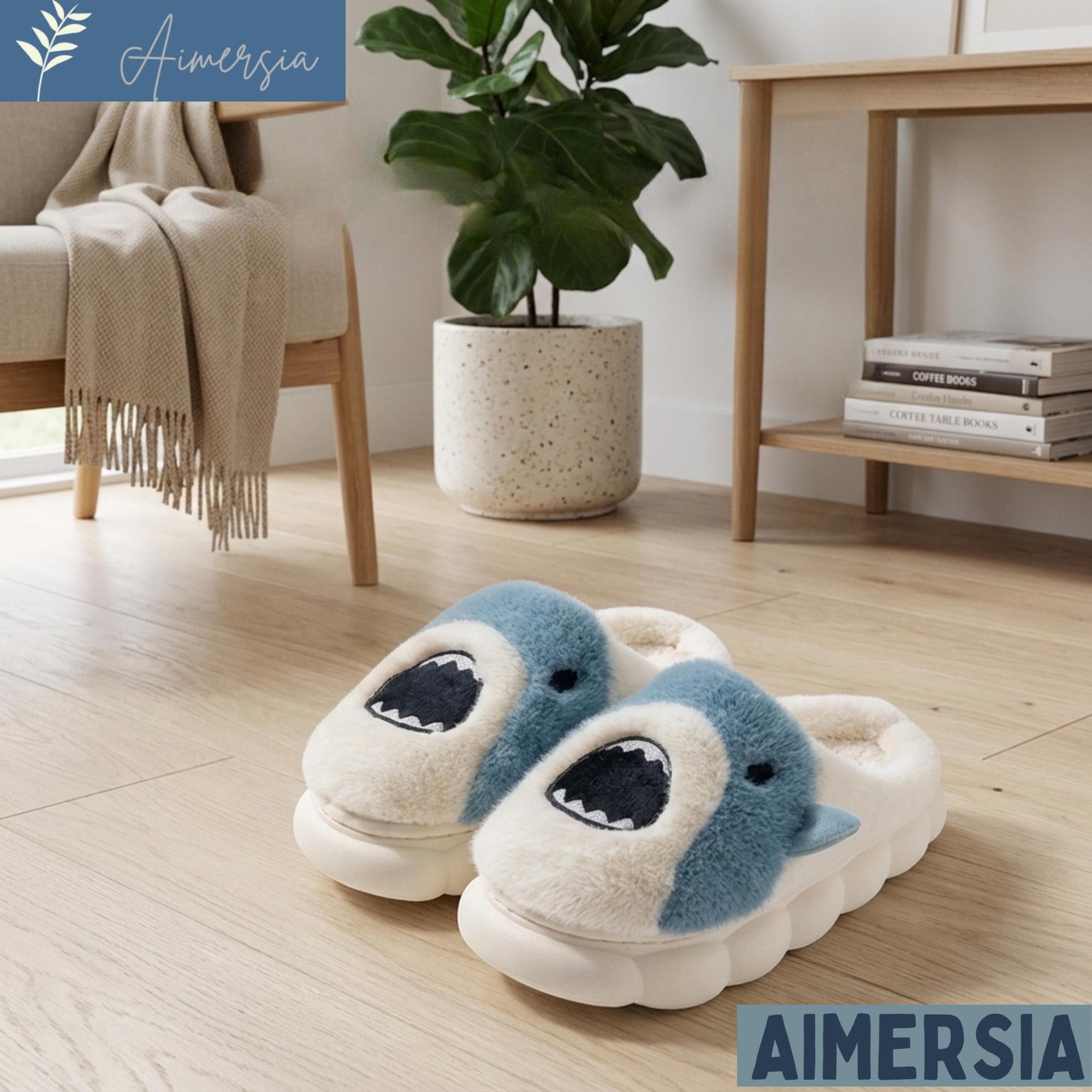 Shark Plush Slippers - Warm Cotton Lined House Shoes, Thick Sole Footwear