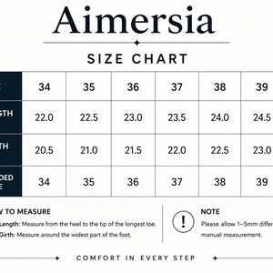 May include: A shoe size chart from Aimersia, displaying EU sizes 34-40 with corresponding foot length and girth measurements in centimeters. The chart also includes recommended shoe sizes and instructions on how to measure feet.