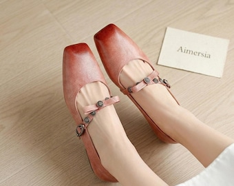 Pink Sheepskin Leather Square Toe Mary Jane Flats, Retro Low Heel Ballet Shoes