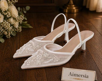 Tacones de novia de malla bordada, zapatos de boda con tira trasera de encaje, tacones de aguja con punta, elegantes zapatos de tacón alto, zapatos para damas de honor