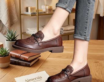 Mocasines de cuero tejido hechos a mano, zapatos casuales sin cordones de piel de vaca.