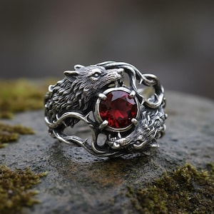 Dragon Fire Ruby Ring, Red Gemstone Statement Silver 925 Celtic Style Boho Adjustable