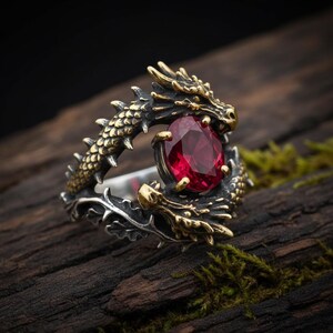 Anello avvolgente a forma di drago con zirconi color rosso rubino in argento sterling 925 (tonalità oro e argento) - Anello di tendenza