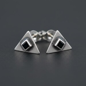 925 Sterling Silver Triangle Stud Earrings with Black Square Gem Detail
