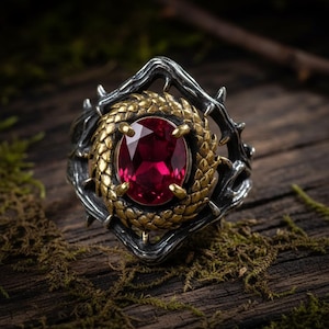 Gothic Oval Ruby Red CZ Ring, 925 Sterling Silver Celtic Style Statement Ring